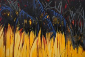 hugues-amblard -magnetic-195x130cm-gouache-sur-toile. Abstraction entre ombre et lumière, contraste de jaunes en bas et bleu et noir en haut.